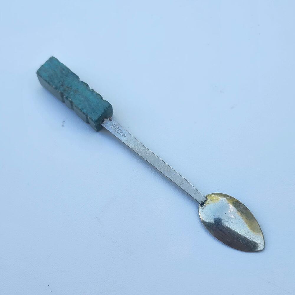 Vintage Mexico Souvenir Spoon Alpaca Silver Jade Handle Aztec Mayan Totem 4in - Picture 6 of 8